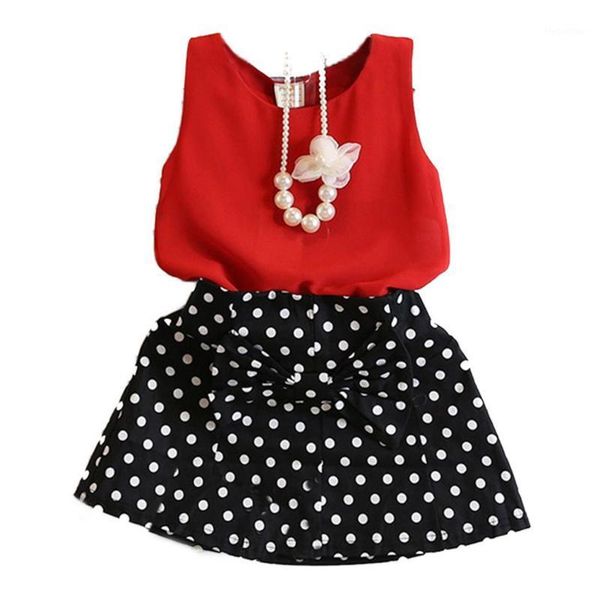 

clothing sets summer fashion kid girls sleeveless red chiffon bowknot dot skirt clothes set cute baby kids outfits 2~7y1, White