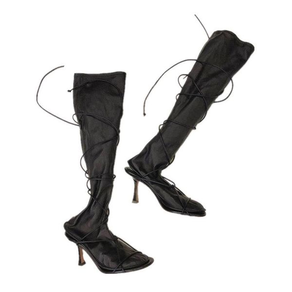 

женские колено высокие сапоги черная кожа stilettos высокие каблуки обувь с ремешком узелок два способа носить m7, Black