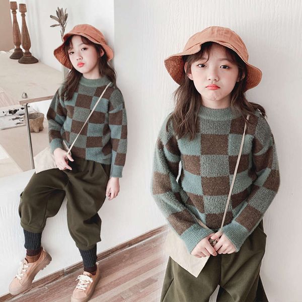 

new winter girls' clothing fashion korean children's mink veet plaid sweater, Blue