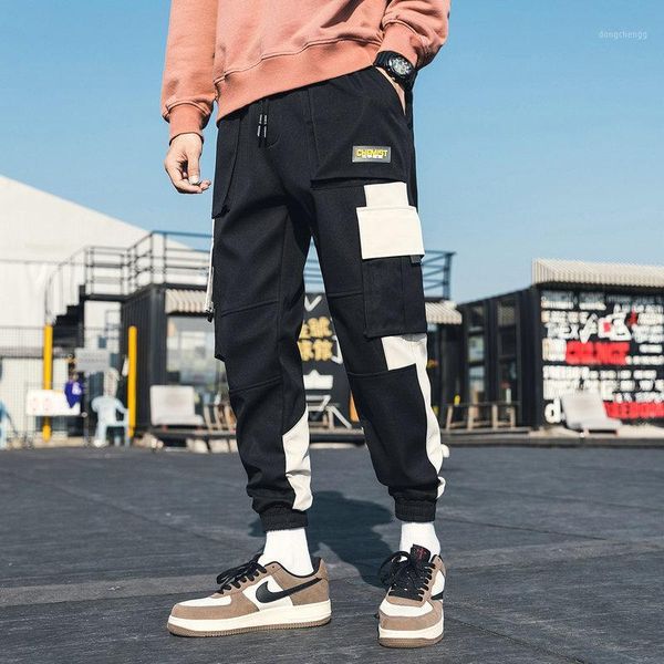 

streetwear cargo joggers men black harem multi-pocket ribbons man sweatpants casual pants elastic waist male trouser1