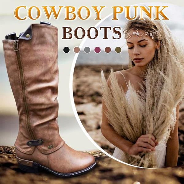 

women cowboy knee punk boots arch support winter warm shoes low thick heel side zippper booties drop shipping, Black;red