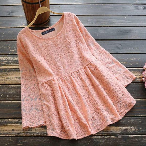 

2020 spring solid blouse vintage floral lace crochet shirts zanzea women long sleeve work blusas female tunic chemise s 5xl1, White