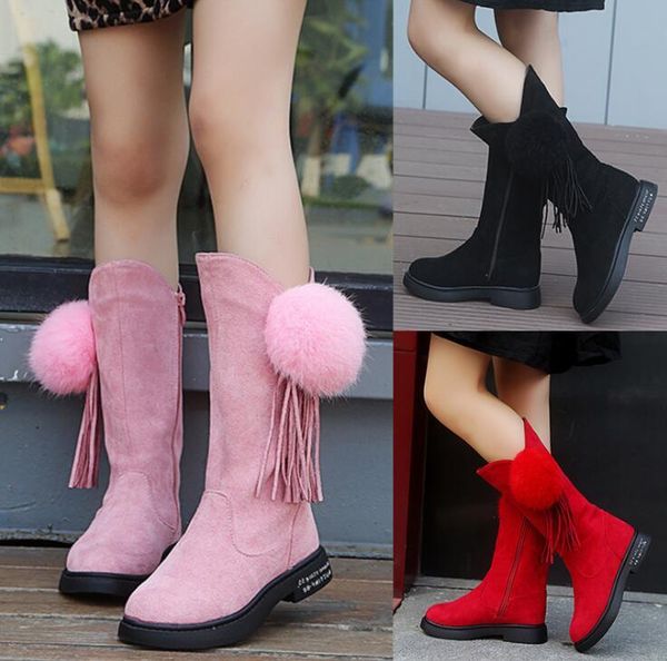 

girls high children snow tassle princess knee length martin boots kids waterproof non-slip winter sport shoes, Black;red