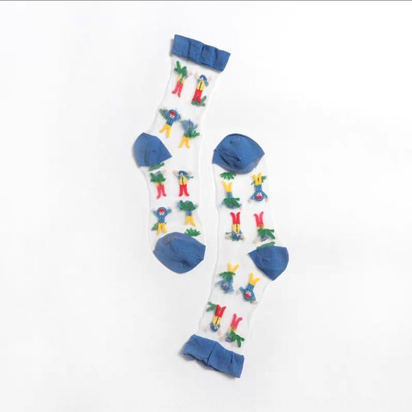 

socks women's spring and summer new style glass medium silk stockings silk stockingscotton bottom lovely medium tube socks cartoon card, Black