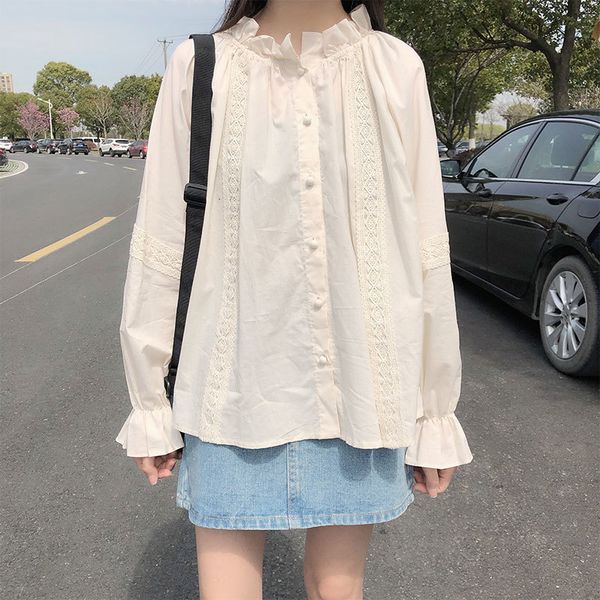 

2021 new spring women and jumpers shredded lace sweet sleeve long peter collar women's shirt (x1340) mkhm, White