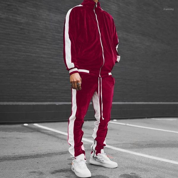 

gym clothing winter men's contrast color velvet tracksuits 2021 man lapel casual style sportswear two piece suit outdoor running sports, White;black