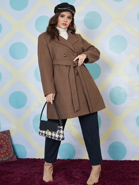 

plus double breasted belted overcoat 21dk#, Black