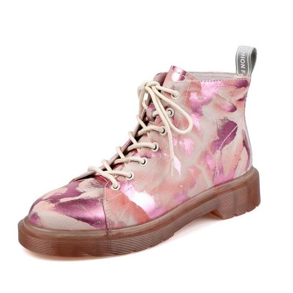 

graffiti genuine leather boots women shoes fashion lace up platform shoes ankle boots for women high quality, Black