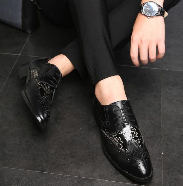 

shoes italy fashion men leather dress shoes pointed toe bullock oxfords men wedding formal office, Black