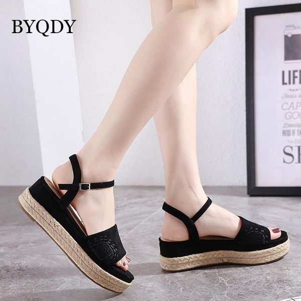 

byqdy fashion flock woman sandals buckle strap wedges height increasing female shoes chunky heels gladiator solid black footwear1