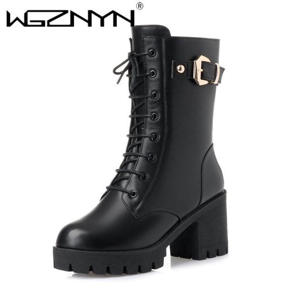 

boots wgznyn 2021 fashion snow women leather mid-calf lace up zip med heels platform shoes woman winter 35-42, Black