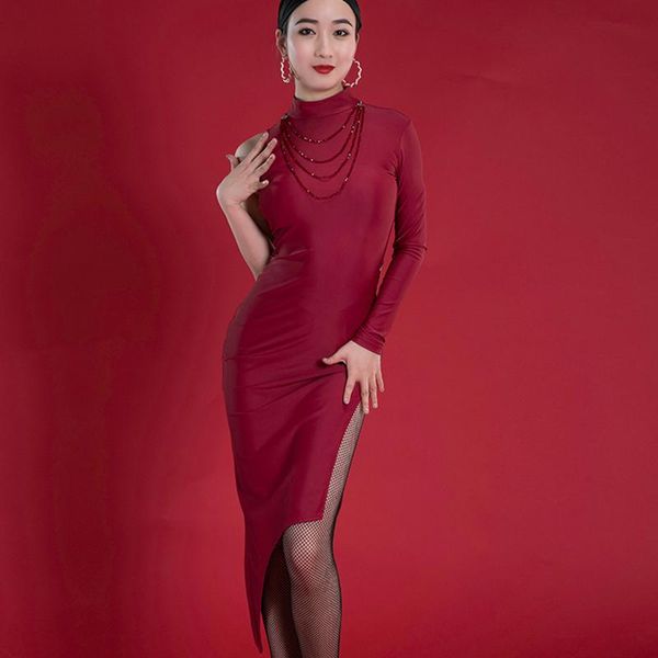 

stage wear latin dance dress women ballroom tango samba rumba salsa competition dresses performance single sleeve slant bdy021, Black;red