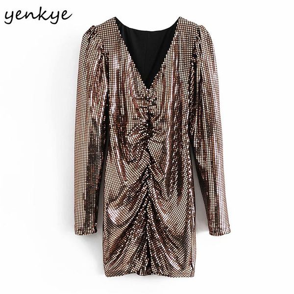 

yenkye winter women fashion draped sequin dress long sleeve v neck bodycon mini dresses christmas party vestido mujer, Black;gray