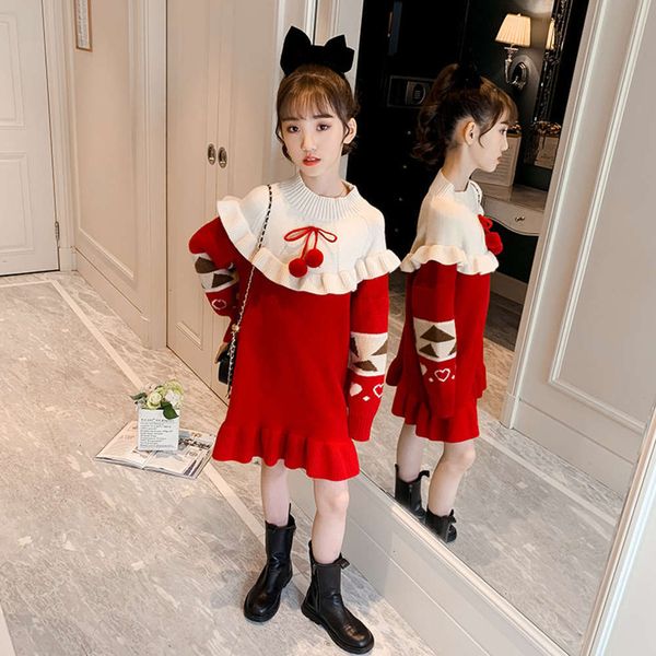 

autumn and girls' princs big winter 2021 children's foreign sle red new year base woolen drs, Red;yellow