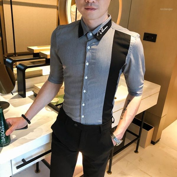 

ropa de hombre 2020 summer new casual men's shirt british style men's middle-sleeved shirt slim stitching male flower1, White;black