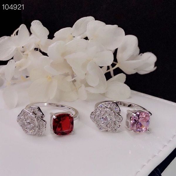 

luxury classic brand designer s925 sterling silver square zircon pink and red rose flower charm open ring for women