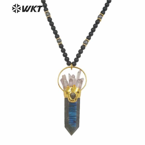 

chokers wt-n1244 women fashon big hexagonal cube spirit point pendant necklace natural labradorite black stone statement, Golden;silver