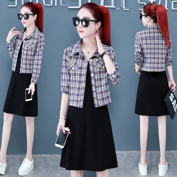 

new fashion suit women's autumn 2020 style vest skirt coat plaid lapel coat medium length vest skirt two piece set tg5wl, Gray