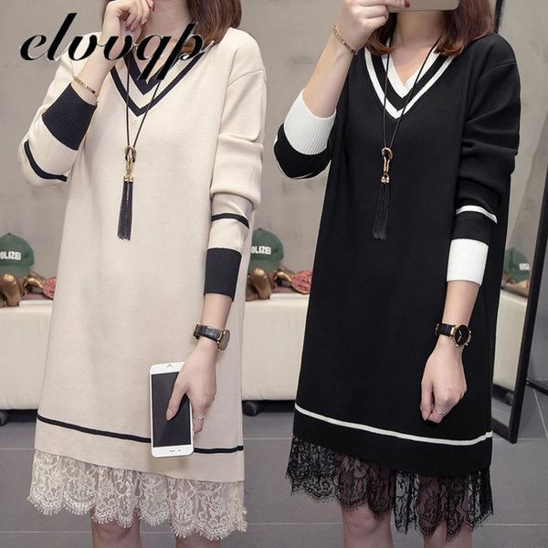 

лоскутная кружева свитера платья женские с длинным рукавом v шеи midi straight ladies high street осень трикотажные платья плюс размер, Black;gray