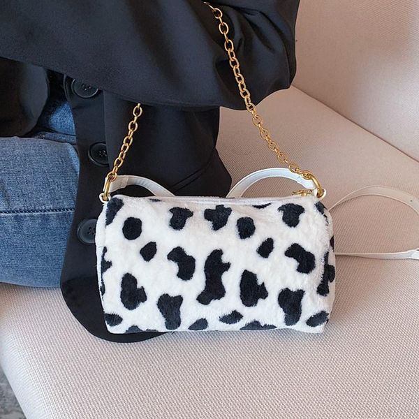 

fashion cow print plush crossbody bags for women winter new fluffy wool boston shoulder bag female small warm chain tote handbag