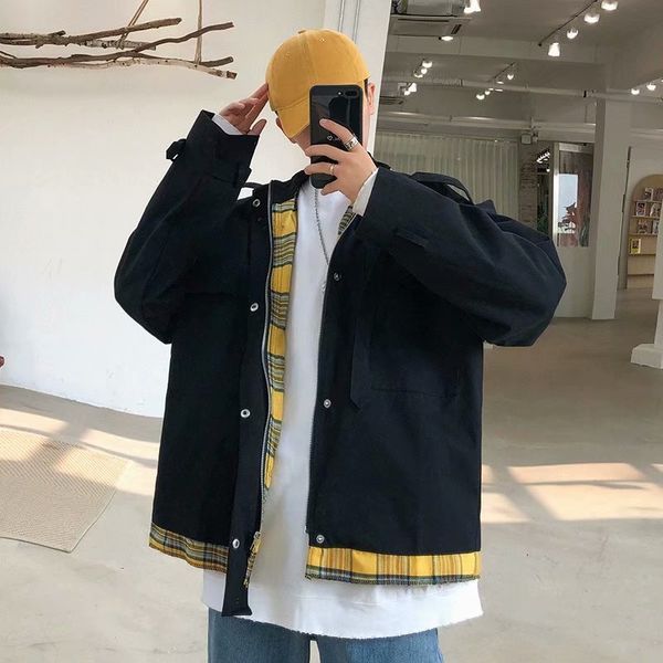 

stitching fake two-piece work jacket men's fashion brand spring and autumn student trend handsome loose shirt coat, Black;brown