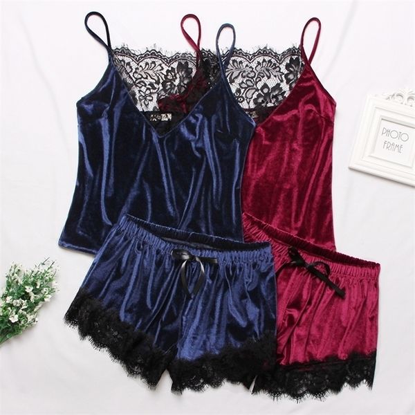 Mulheres Velvet pijamas conjunto sleepwear sexy casual pijama conjunto preto laço v-pescoço pijama sem mangas cami cute top e shorts y200708