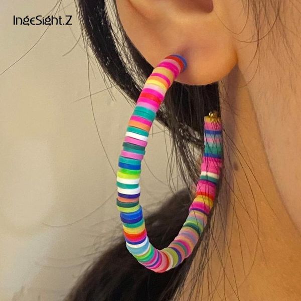 

hoop & huggie punk rainbow bead soft pottery large earrings exaggerated geometric big circle loop brincos for women jewelry gift, Golden;silver