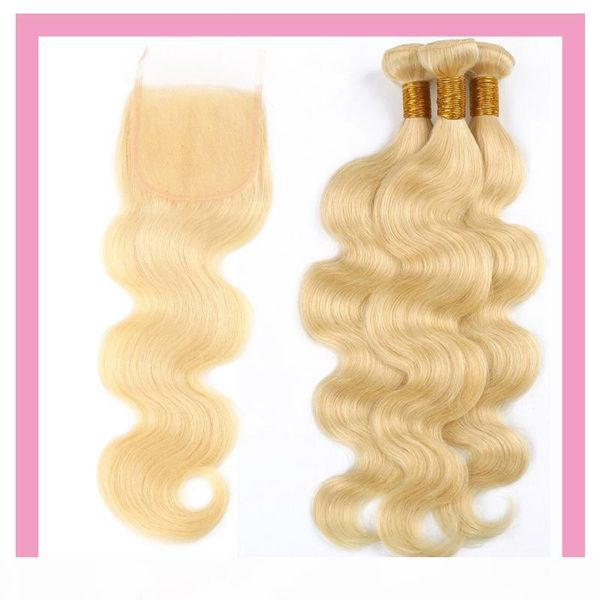 

malaysian human hair 613 blonde color 3 bundles with 4x4 lace closure middle three part body wave hair wefts with four by four closure, Black;brown