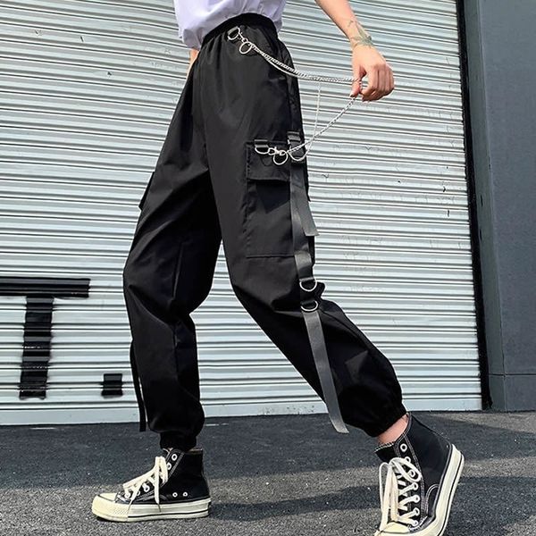 

women's cargo pants buckle ribbon pocket jogger elastic waist high streetwear harajuku punk ring chain females trousers 201106, Black;white