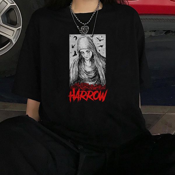 

punk gothic our lady harajuku letter rose print streetwear fun tees ulzzang summer chic casual loose vintage women t-shirt, White