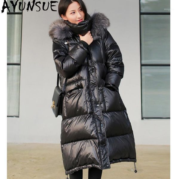 

ayunsue 2019 new women's down jacket winter warm coat women raccoon fur collar korean duck down puffy jacket chaquetas mujer1, Black