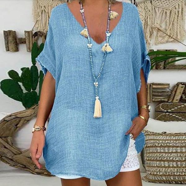 

elegant v-neck linen cotton women blouse shirts 2021 autumn solid color plus size female vintage casual long sleeves blusa1, White