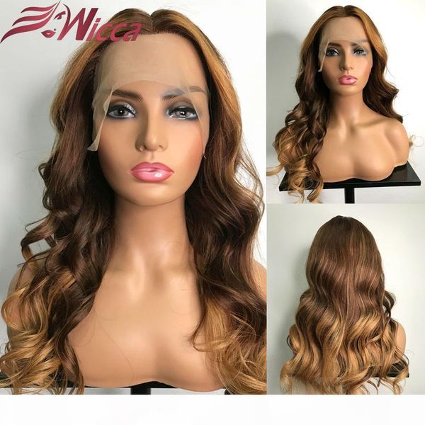 

wicca lace frontal human hair wigs remy brazilian pre plucked hairline with baby hair 180 density highlight wave wig, Black;brown