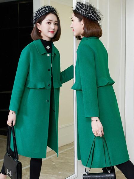 

women's wool & blends double-faced cashmere coat female long section 2021 hong kong wind lotus leaf side 100%, Black