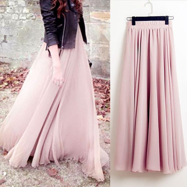 

summer bohemia long skirts women stretch high waist solid chiffon a-line skirt casual pleated maxi skirt faldas saias streetwear, Black