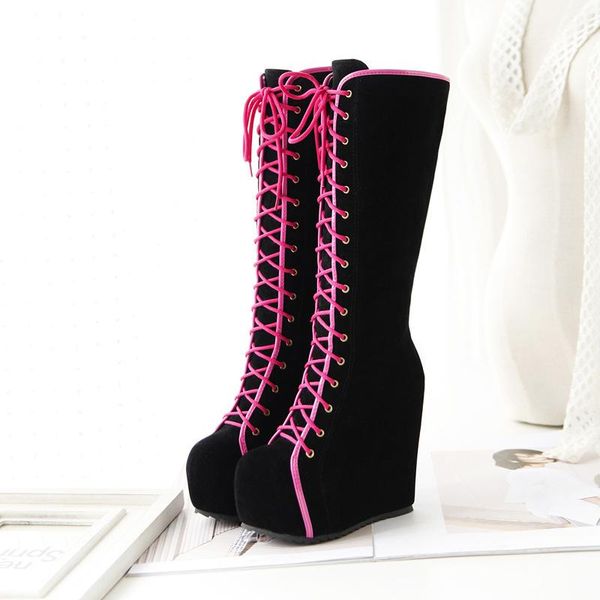 

new autumn and winter women boots fashionable high-barreled martin boots internally increased large size side zipper red laces, Black