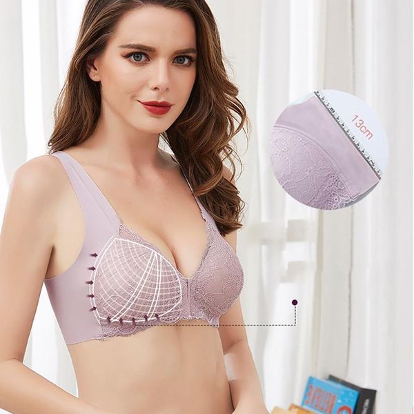 

balight comfort wireless bra adjustable seamless bras sports front closure elastic v-neck push up underwear lace trim, White;black