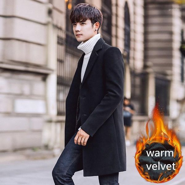 

men's wool & blends men winter warm velvet long coat mens fashion single breasted outwear turn-down collar jacket coats for 20211, Black