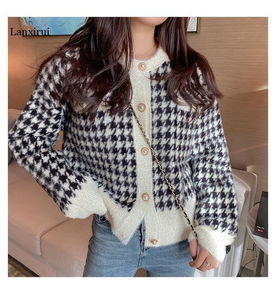 

mohair women sweater spring/ autumn new cardigan fashionable retro sweet plaid bubble short sleeve high waist knitted short, White