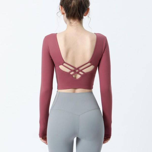 

yoga outfits autumn 2021 shirts back cross hollow women long sleeve sport t gym running quick dry shirt with pad1, White;red