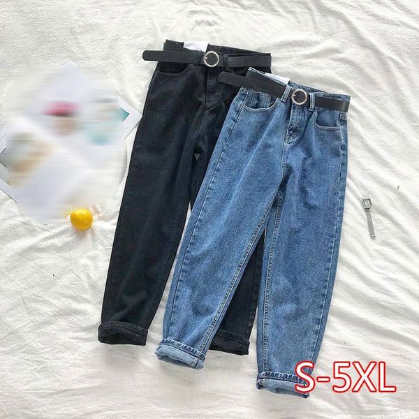 

bf korean high waist jeans women solid belt harem pants loose casual new high street denim trousers pantalon femme1, Blue