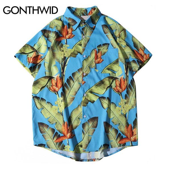 

gonthwid banana tree leaf print hawaiian beach shirts men summer casual hawaii camp shirts fashion short sleeve button, White;black