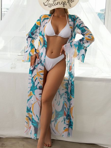 

allover print long sleeve kimono s51l#, White;black