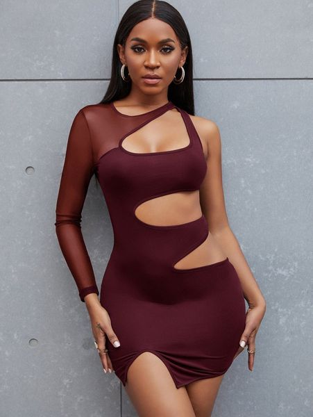 

solid cut out contrast mesh bodycon dress 00go#, Black;gray