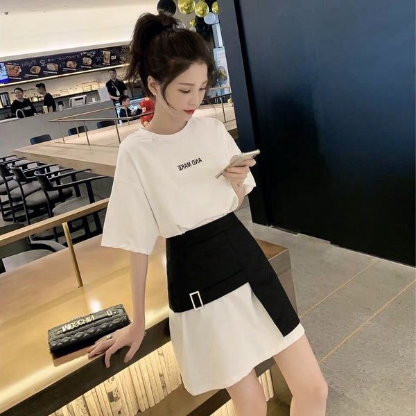 

summer new hong kong style irregular t-shirt skirt, korean short sleeve letter female students' medium long bottom small shirt
