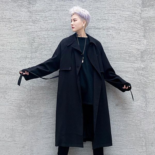 

men's trench coats men 3/4 long coat cloak overcoat male japan harajuku streetwear punk gothic vintage loose casual jacket outerwear, Tan;black