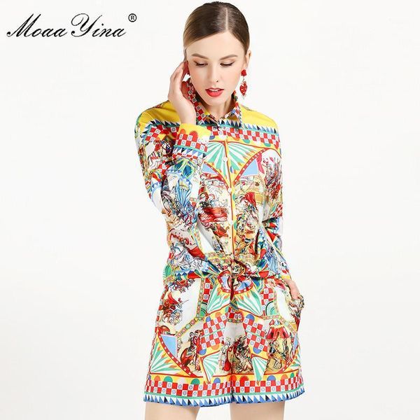 

moaayina 2020 fashion designer set summer women long sleeve vintage character plaid print +runway shorts two-piece suit1, White