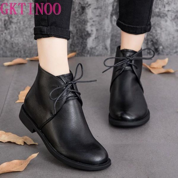 

boots gktinoo 2021 autumn fashion soft genuine leather flat winter shoes women retro handmade ankle shoes1, Black