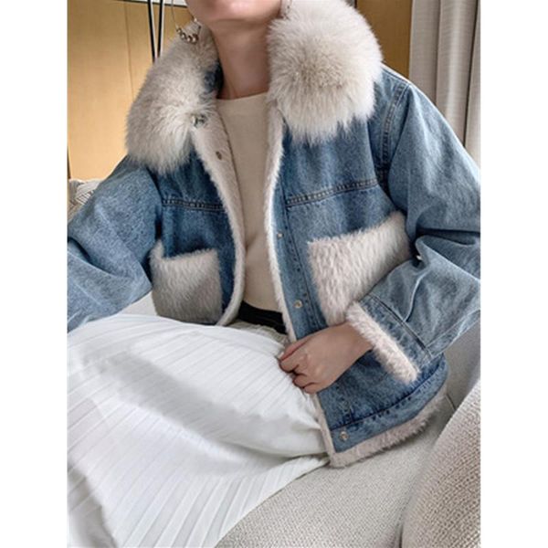 

ladies fur collar denim jackets fashion trend splicing plush long sleeve cardigan coats designer female winter thicken straight outerwear, Black;brown