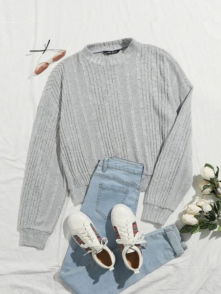 

drop shoulder rib-knit solid pullover q4mj#, White;black